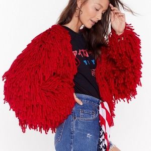 Nasty Gal Red Crop Shaggy Cardigan Small